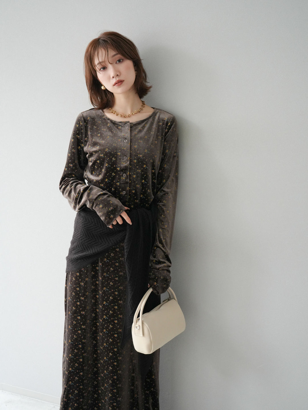 [予約]ベロアフラワープリントカーディガン/ブラウンxイエロー