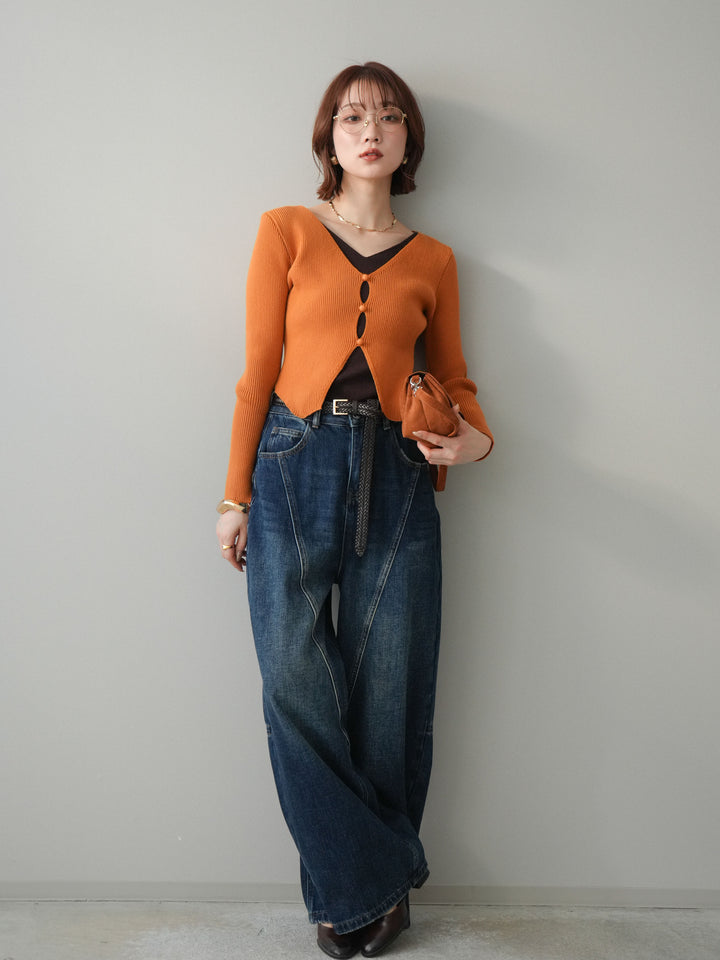 [SET]Vネック配色レイヤードスリットニットトップス+裏起毛加工デニムカーブパンツ(2set)