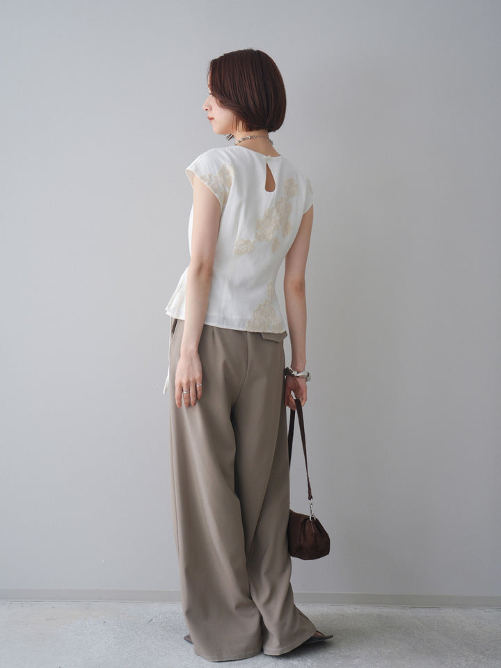 [SET]リネンタッチフラワージャガードトップス+ベルト付キーホルダーモチーフワイドパンツ(2set)