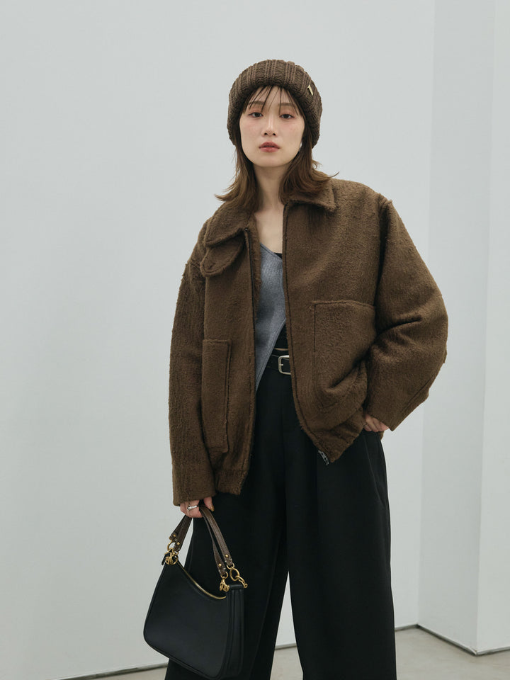 【Allure】[SET]スタンドカラーシャギーフライトジャケット+ループデザインツイルワイドパンツ(2set)