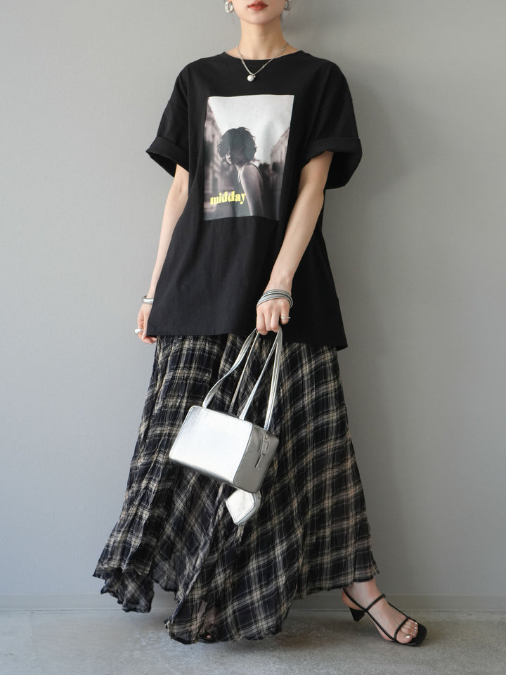 [SET]ネオンロゴフォトプリントBIG Tシャツ+シアーチェックアシンメトリーワッシャースカート(2set)
