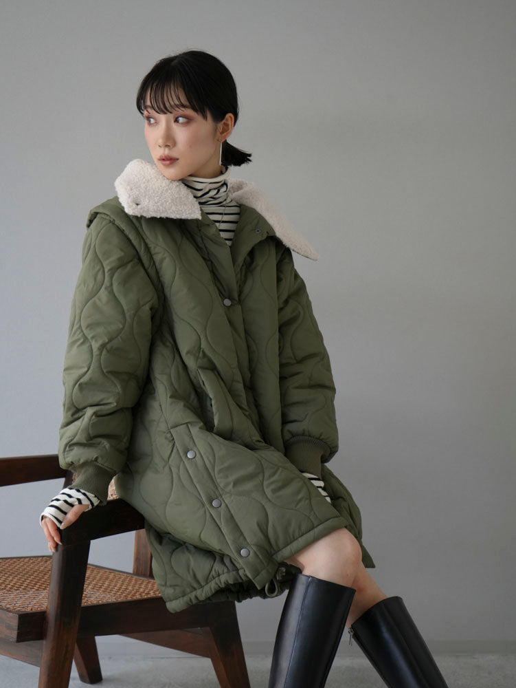 [Pre-order] 2-way quilted mid-length coat with fleece collar/khaki