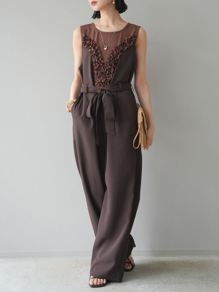 [預購] 荷葉邊設計連身褲/棕色