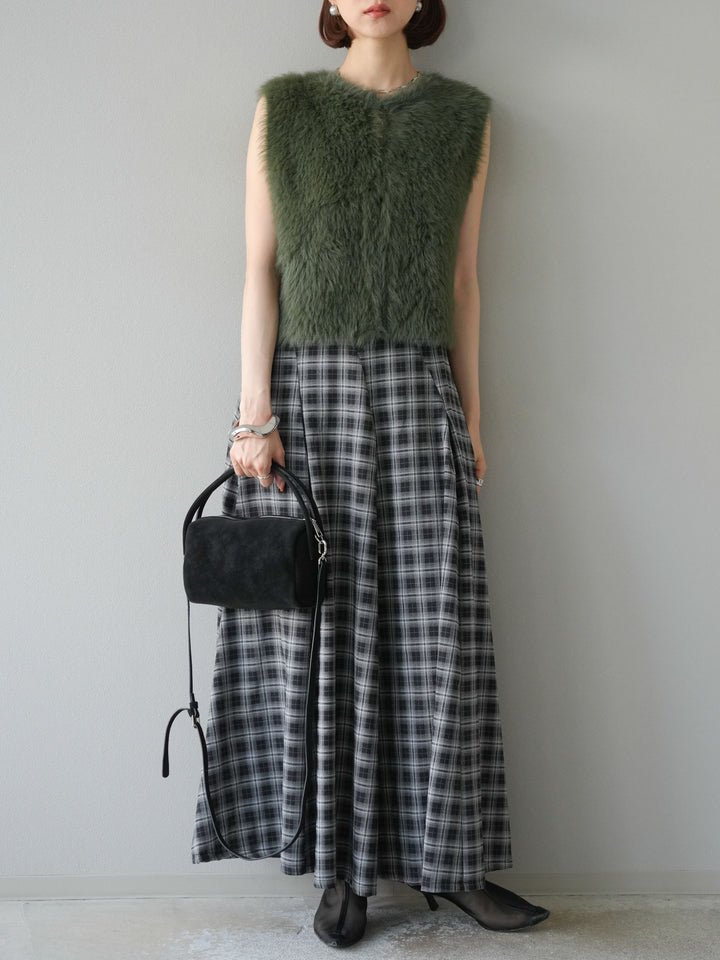 [予約]チェックタックフレアロングスカート/ ブラック