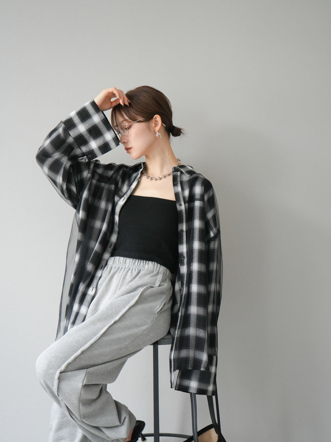 [予約]チュールドッキングチェック柄オーバーサイズシャツ/ブラック