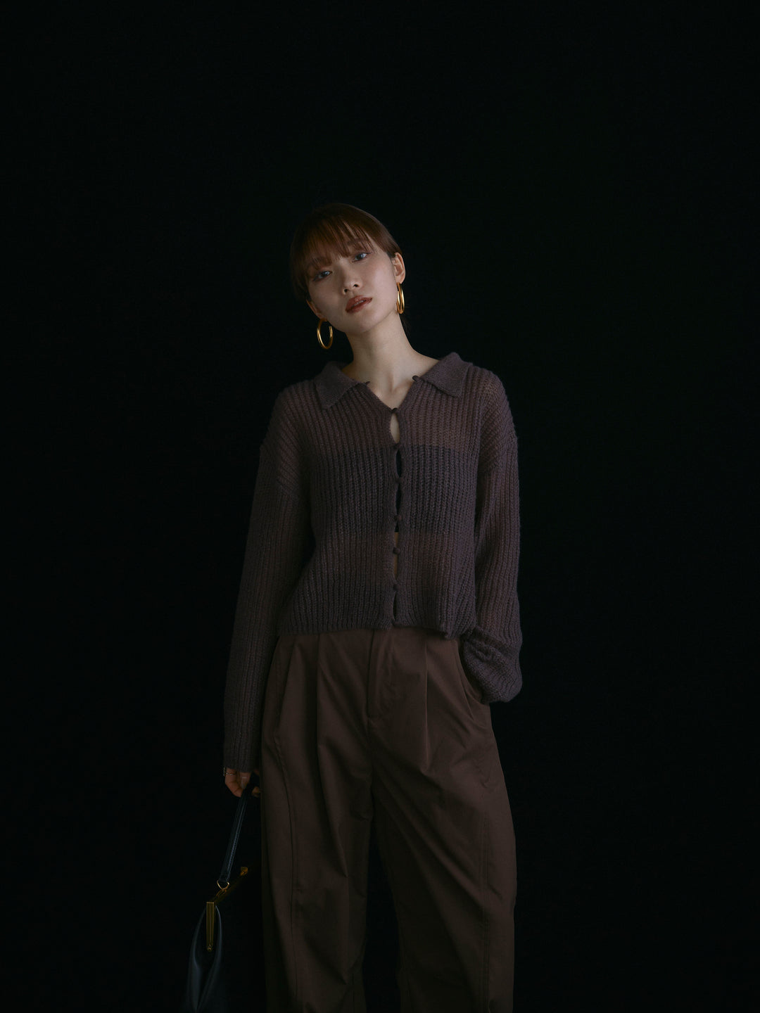 【Allure】[SET]起毛片畦編みシアーポロニット+タフタワイドカーブパンツ(2set)