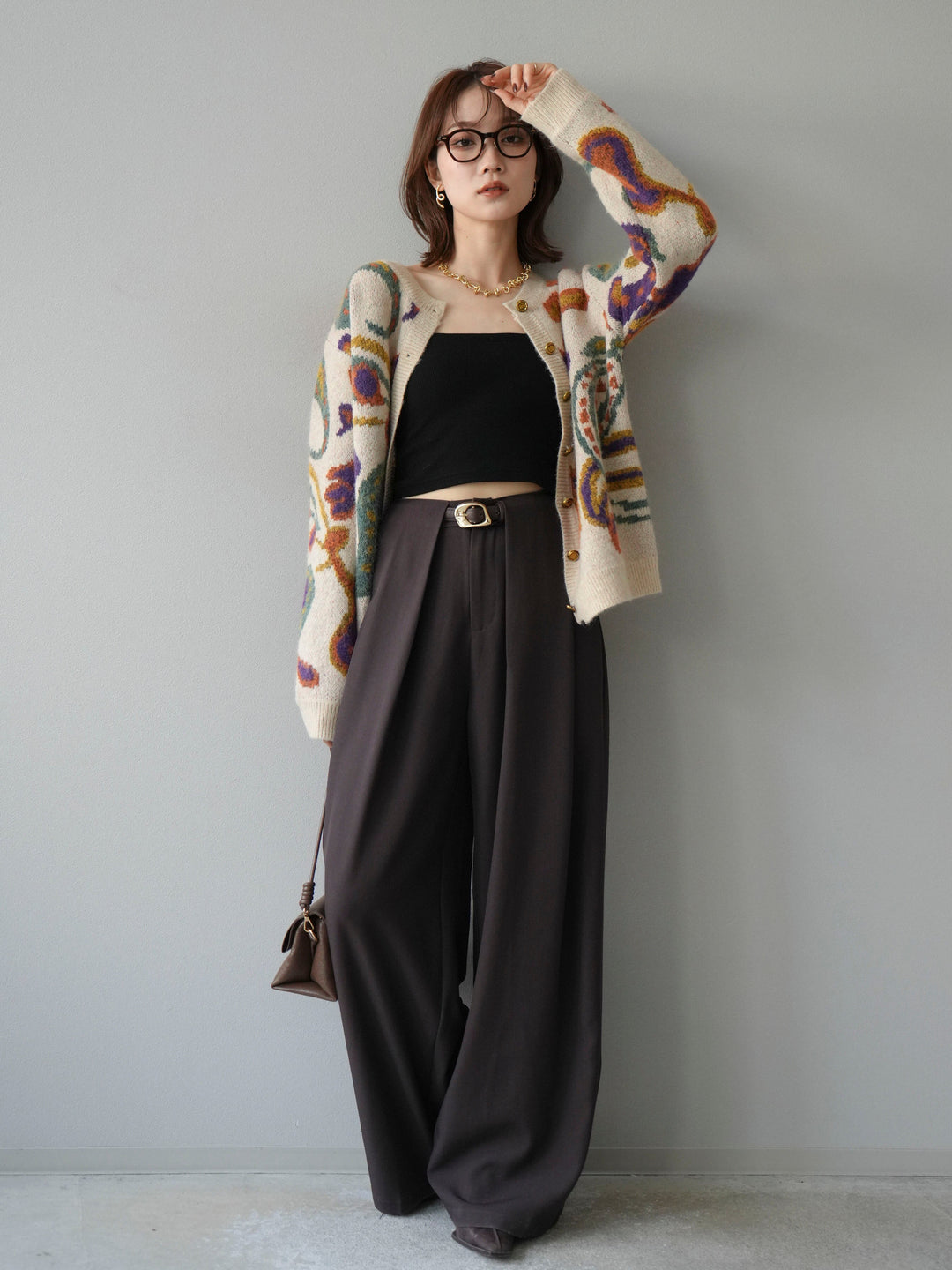 [SET]ミックスヤーンペイズリー柄ニットカーディガン+ベルトループデザインワイドパンツ(2set)