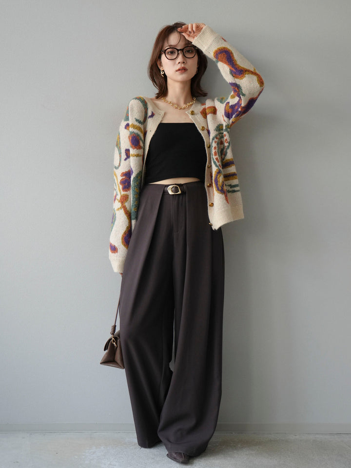 [SET]ミックスヤーンペイズリー柄ニットカーディガン+ベルトループデザインワイドパンツ(2set)