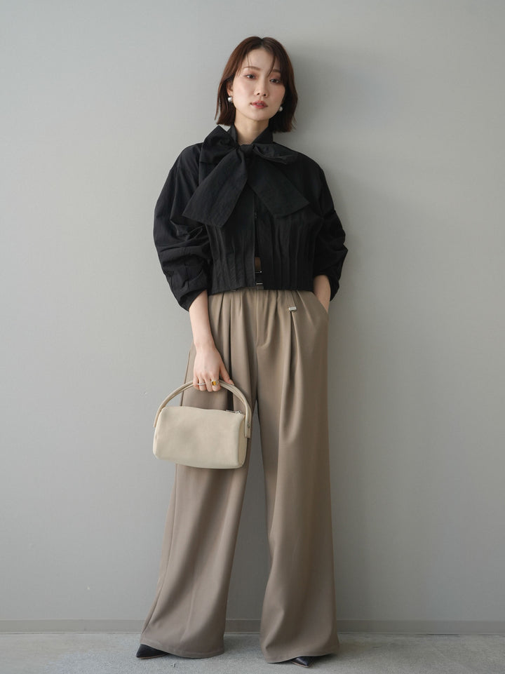 [SET]ボウタイ裾プリーツライトジャケット+ベルト付キーホルダーモチーフワイドパンツ(2set)