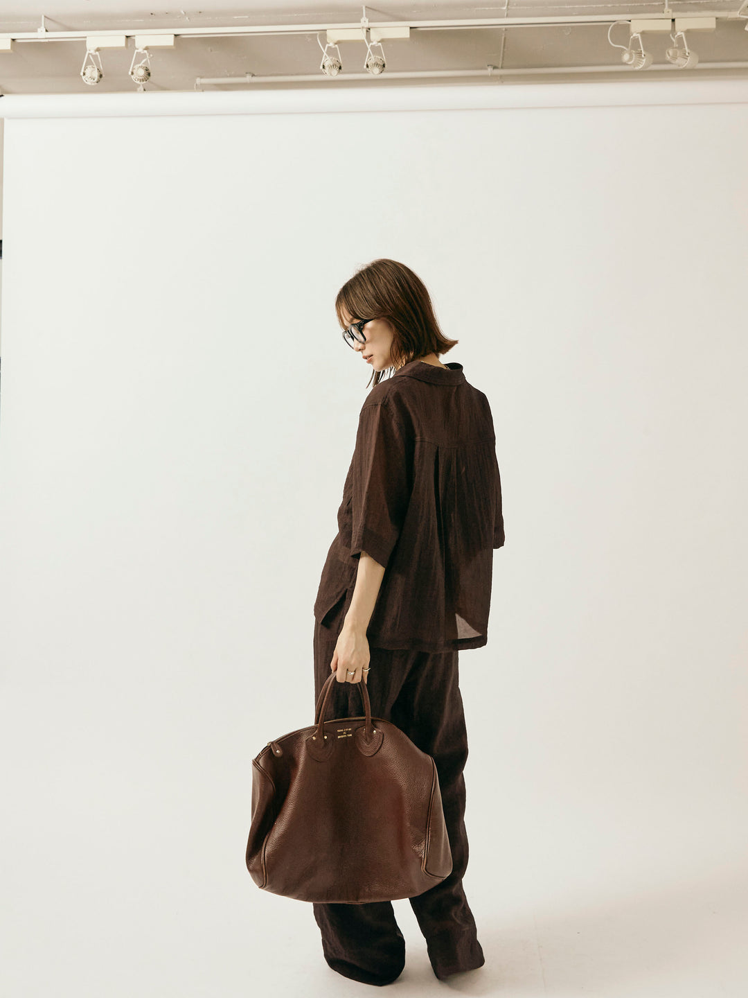 【Allure】[SET]シャイニースラブシアー開襟ハーフシャツ+シャイニースラブシアーワイドパンツ(2set)