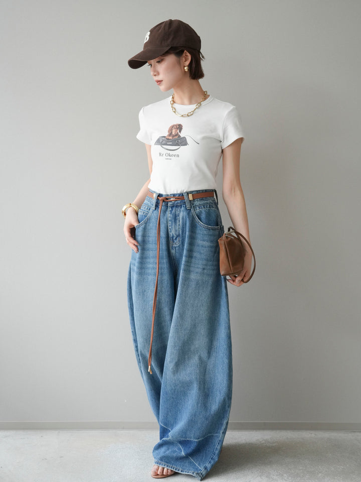 [SET]ドッグコンパクトTEE+ベルト付ボリュームデザインデニム(2set)