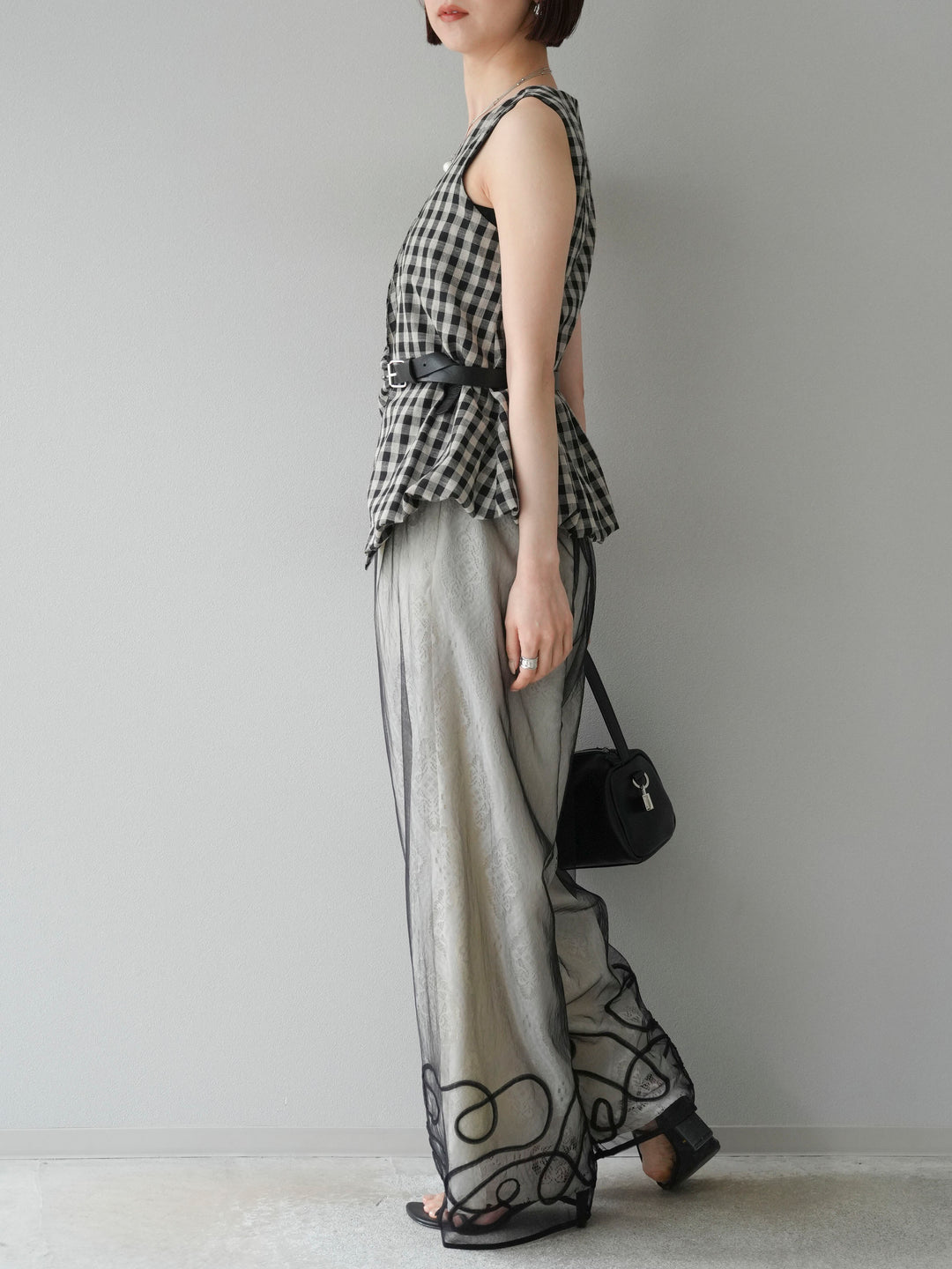 [SET]ベルトデザインバルーンブラウス+レースタックイージーパンツ(2set)