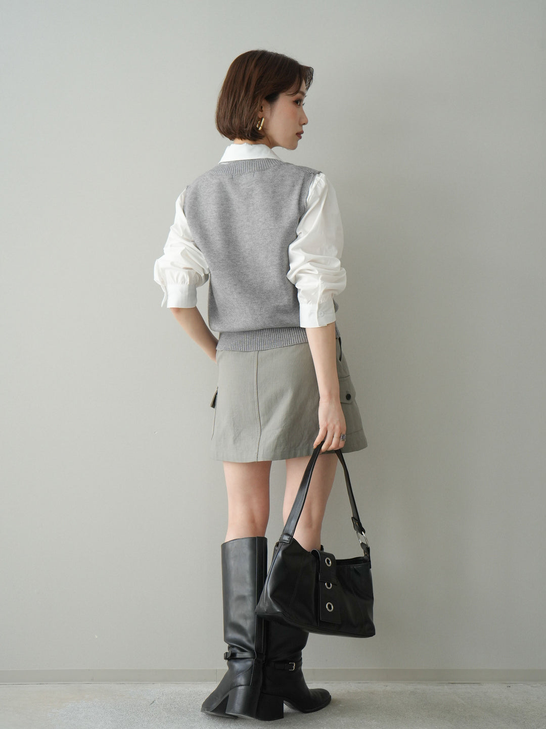 【套裝】蝴蝶結針織背心套裝襯衫+繫帶工裝迷你裙（兩件組）