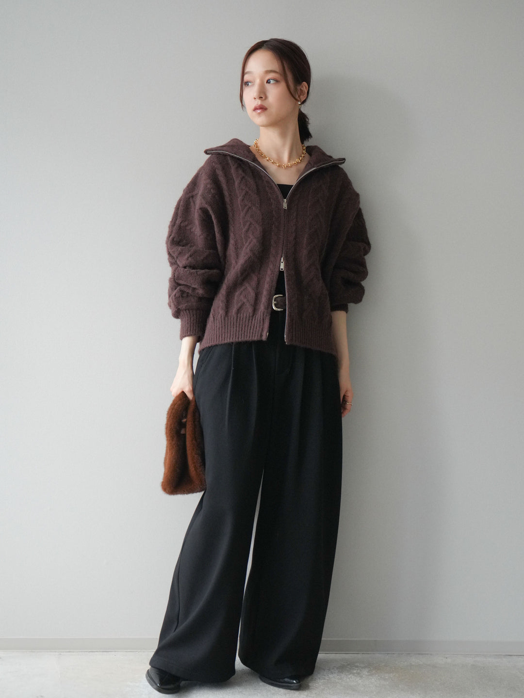 [予約]アニマル柄ベルト付きウールタッチワイドパンツ/black