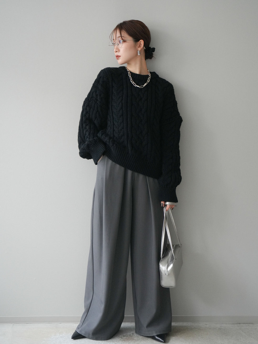 [予約]ボリュームケーブルニットプルオーバー/black