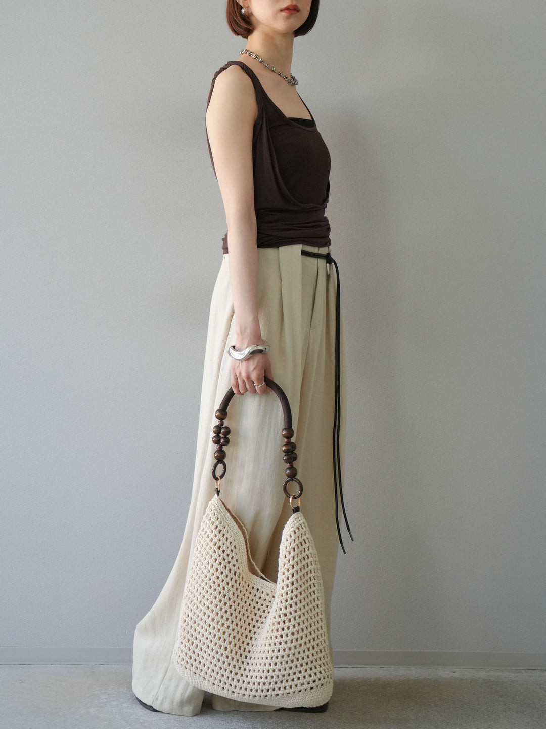 【預購】繩紋設計腰帶亞麻觸感寬褲/米色