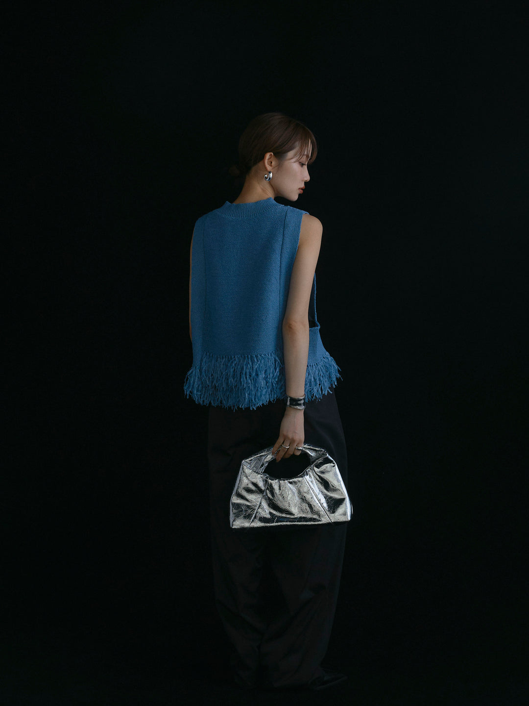 【Allure】[SET]フェザーヤーンニットベスト+タフタワイドカーブパンツ(2set)