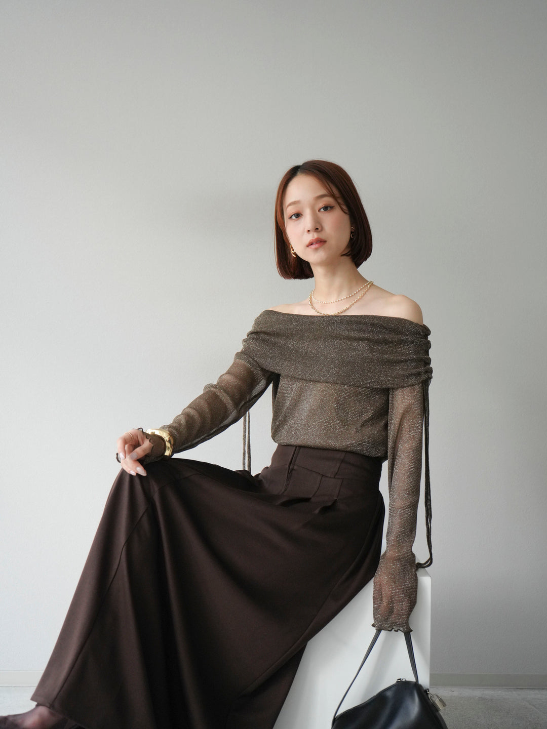 [予約]ラメシアーウィンガーホールオフショルトップス/ブラウン