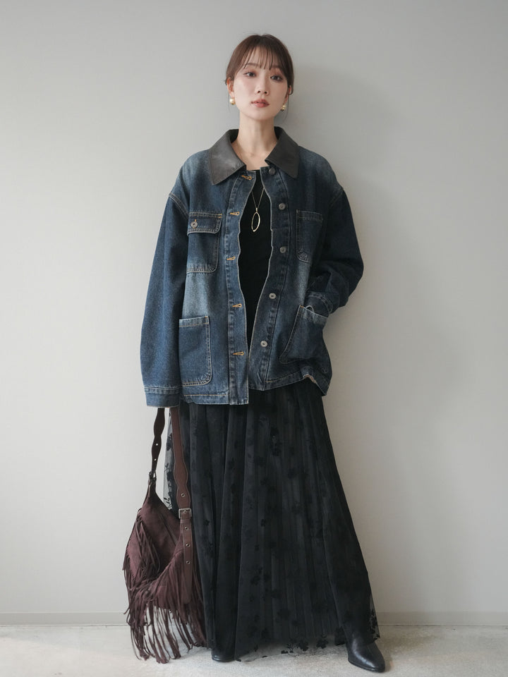 [SET]裏地ファーデニムフライトジャケット+フラワーフロッキーチュールプリーツスカート(2set)