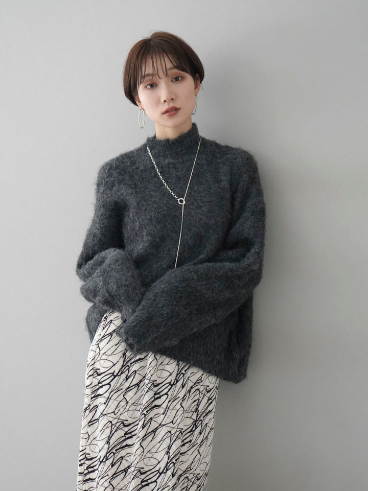 [Pre-order] High-neck wool blend mohair-touch shaggy knit pullover/charcoal