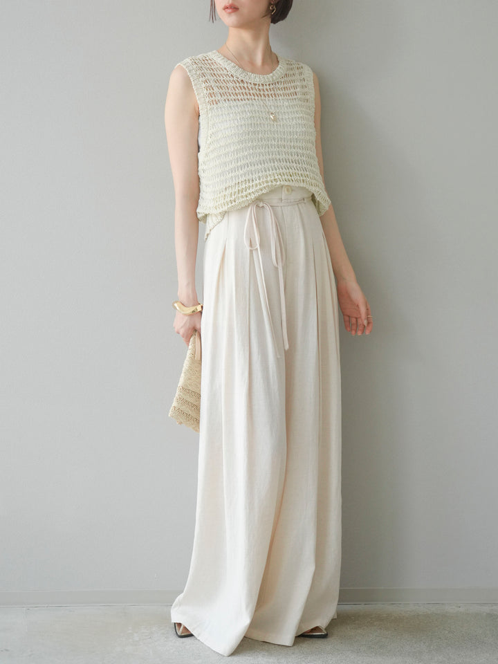 【預購】仿亞麻雙褶設計寬褲/象牙白