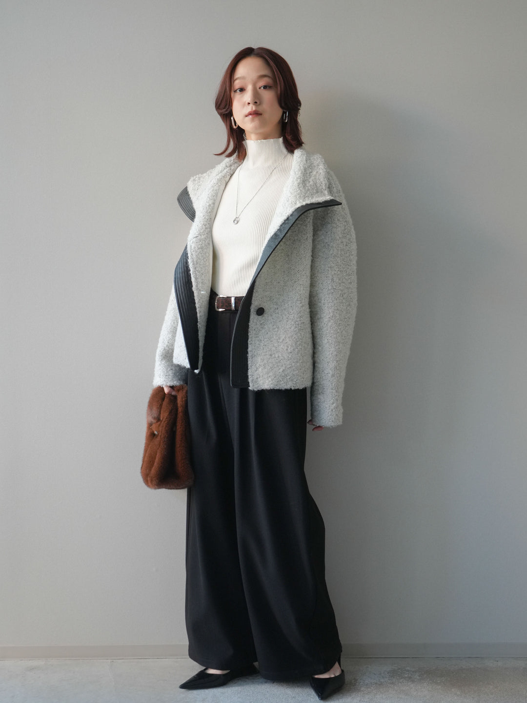 [SET]レザー切替ブークレブルゾン+袖ボタンボトルネックリブニットトップス+アニマル柄ベルト付きウールタッチワイドパンツ(3set)