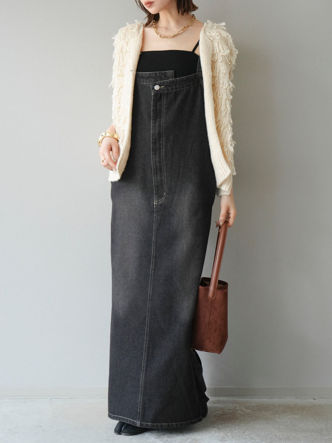 [SET]ループデザインベスト+アシンメトリーデニムワンピース(2set)
