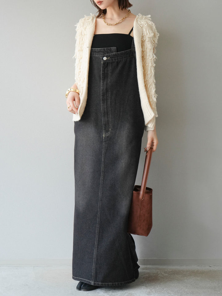 [SET]ループデザインベスト+アシンメトリーデニムワンピース(2set)