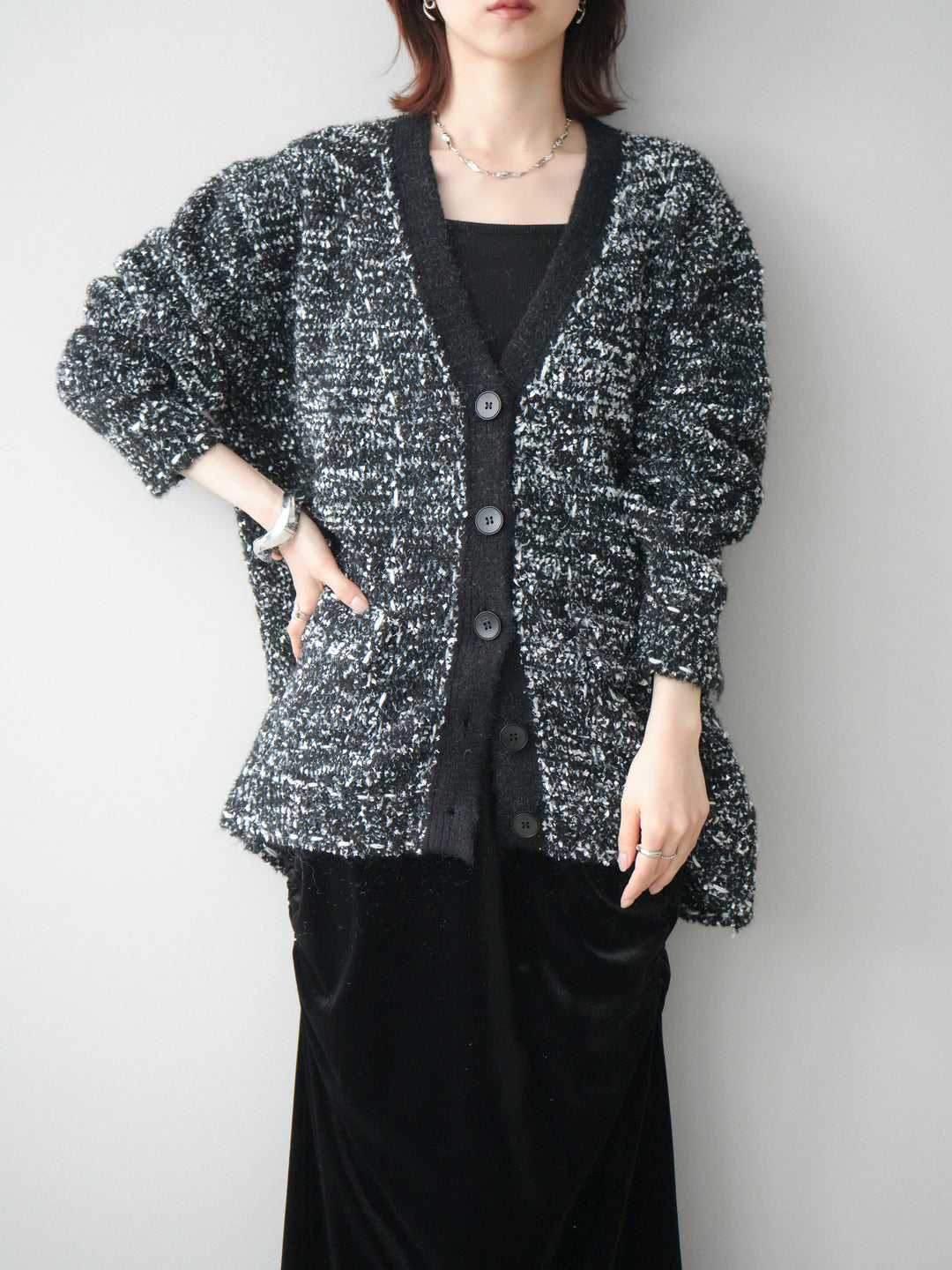 [SET]モールネップニットカーディガン+ギャザーベロアスカート(2set)