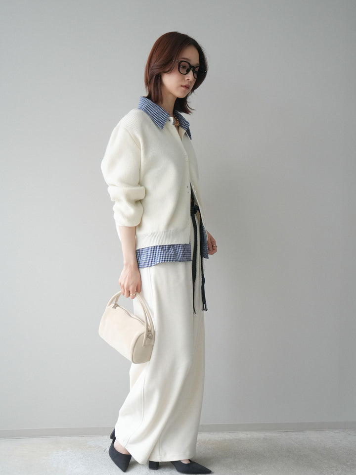 [SET]チェックシャツ襟ニットカーディガン+編み込みベルト付きウエスト配色スエットパンツ(2set)