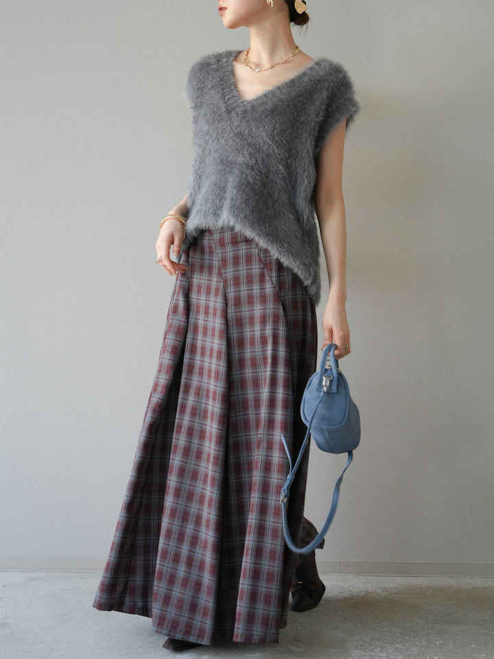 [予約]チェックタックフレアロングスカート/ ボルドー