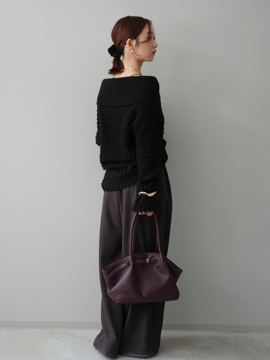 [SET]ポコポコ編みオフショルニットプルオーバー+ベルトループデザインワイドパンツ(2set)