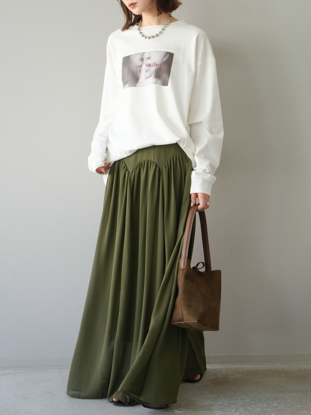 [予約]シフォンフレアスカート/カーキ