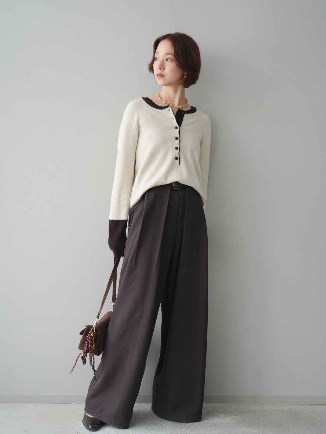 [SET]ヘンリーネック配色ニットソー+ベルトループデザインワイドパンツ(2set)