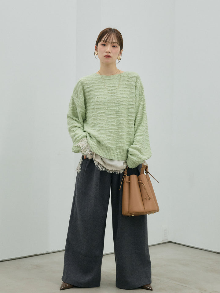 【Allure】[SET]バックリボンニュアンスブークレニットプルオーバー+ループデザインツイルワイドパンツ+サテンレースキャミソール(3set)