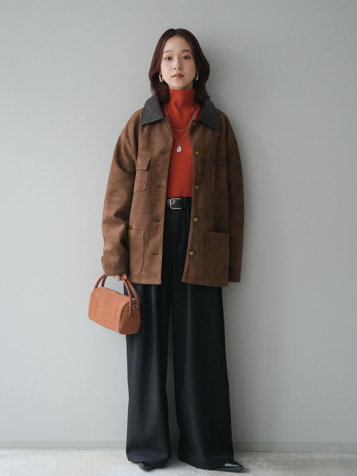 [SET]襟レザーステンカラースエードジャケット+袖ボタンボトルネックリブニットトップス+ベルトループデザインワイドパンツ(3set)