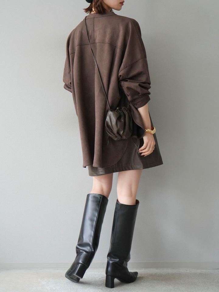 [SET] 麂皮立領外套襯衫 + 附單肩包皮革迷你連身裙（2 套）