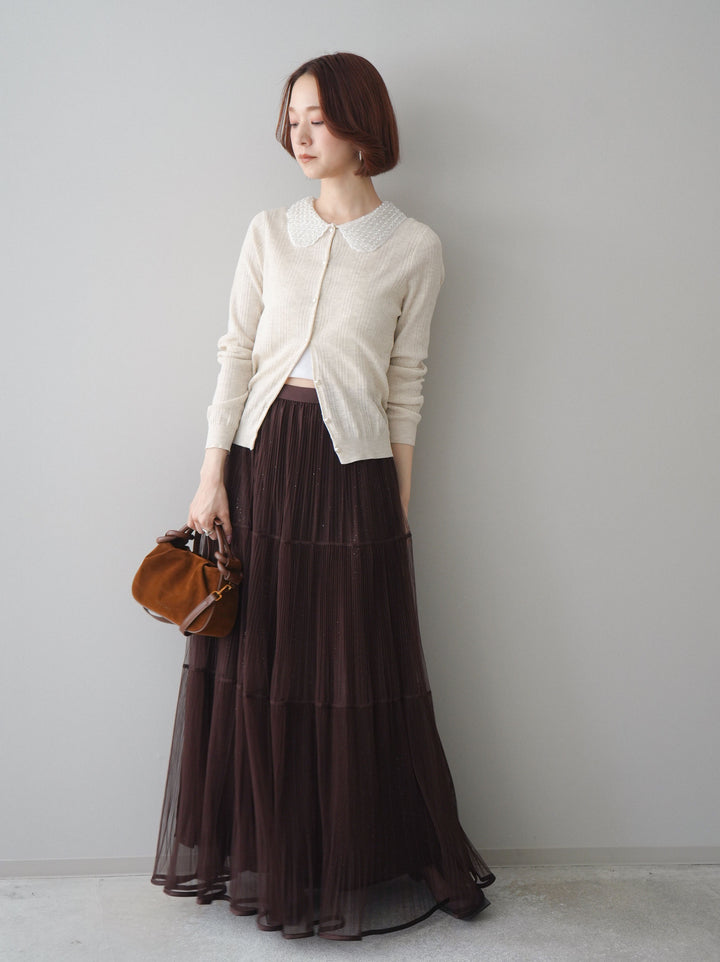 [予約]ラメプリーツレイヤードチュールロングスカート/brown