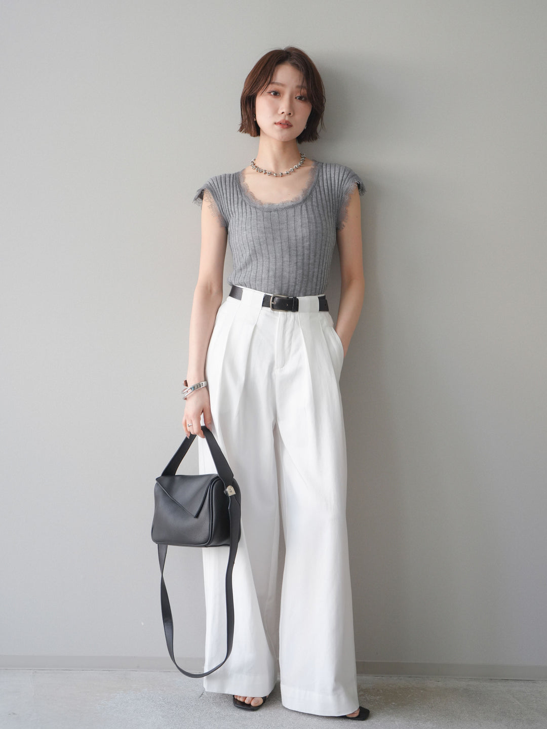 [予約]レーストリムリブニットトップス/gray