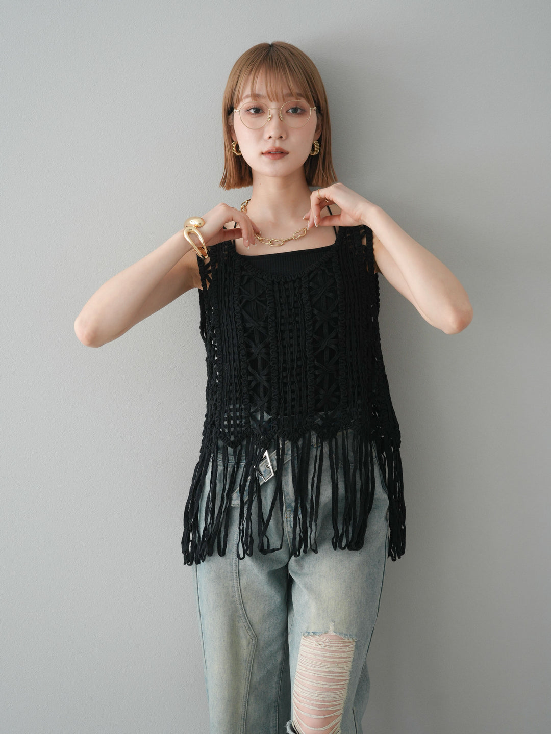 [予約]クロシェフリンジノースリーブトップス/ブラック