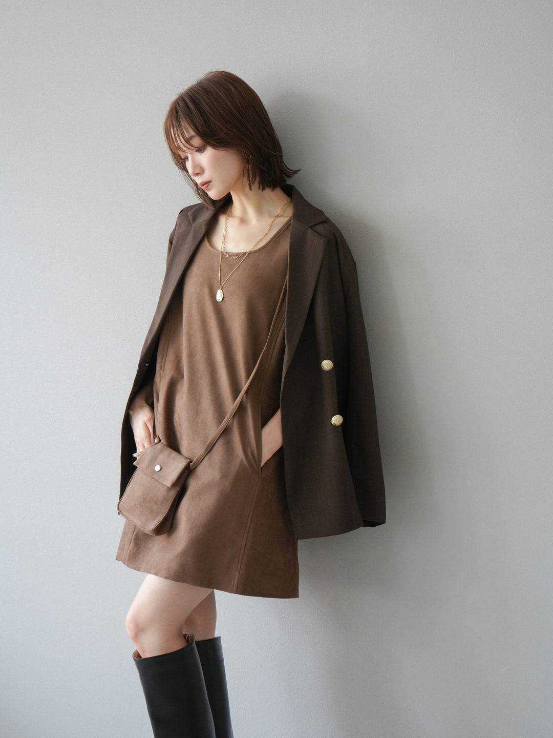 [予約]ゴールドボタンツイルダブルテーラードジャケット/ブラウン