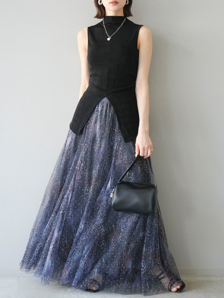 [予約]ニュアンス柄チュールレイヤードプリーツスカート/ネイビー