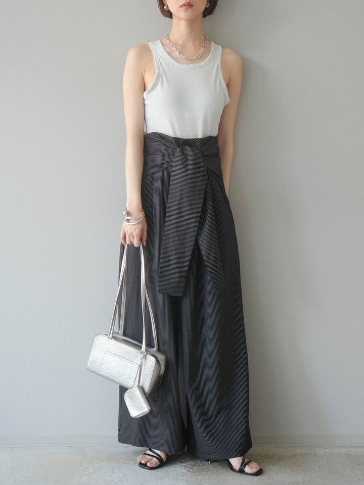 【預購】條紋裹腰闊腿褲/黑色