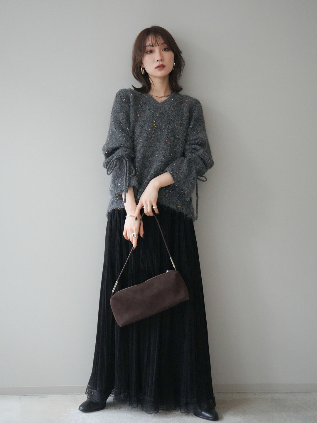 [予約]キャンディースリーブカラーネップスパンコールニットプルオーバー/gray