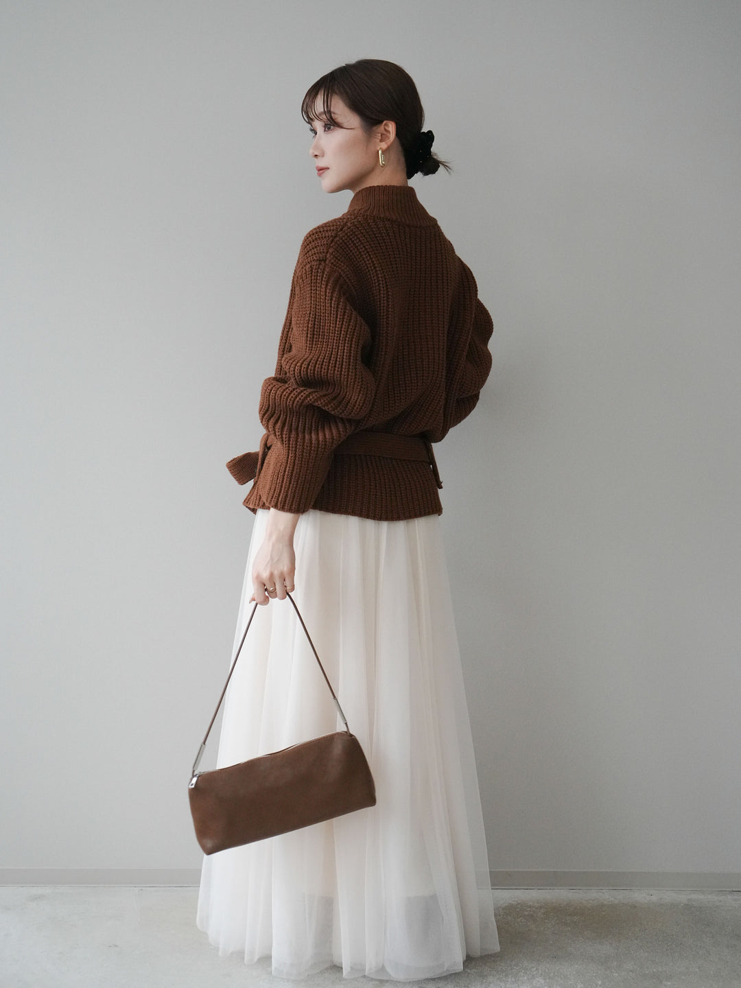 [SET]畦編みボトルネックZIPニットカーディガン+チュールボリュームスカート(2set)