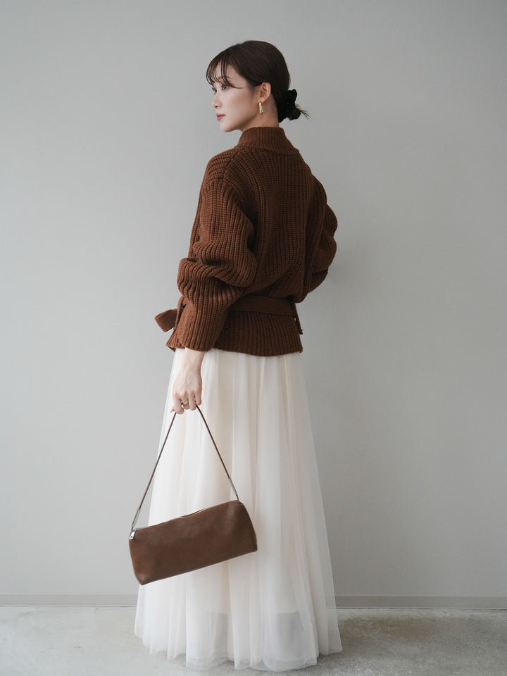 [SET]畦編みボトルネックZIPニットカーディガン+チュールボリュームスカート(2set)