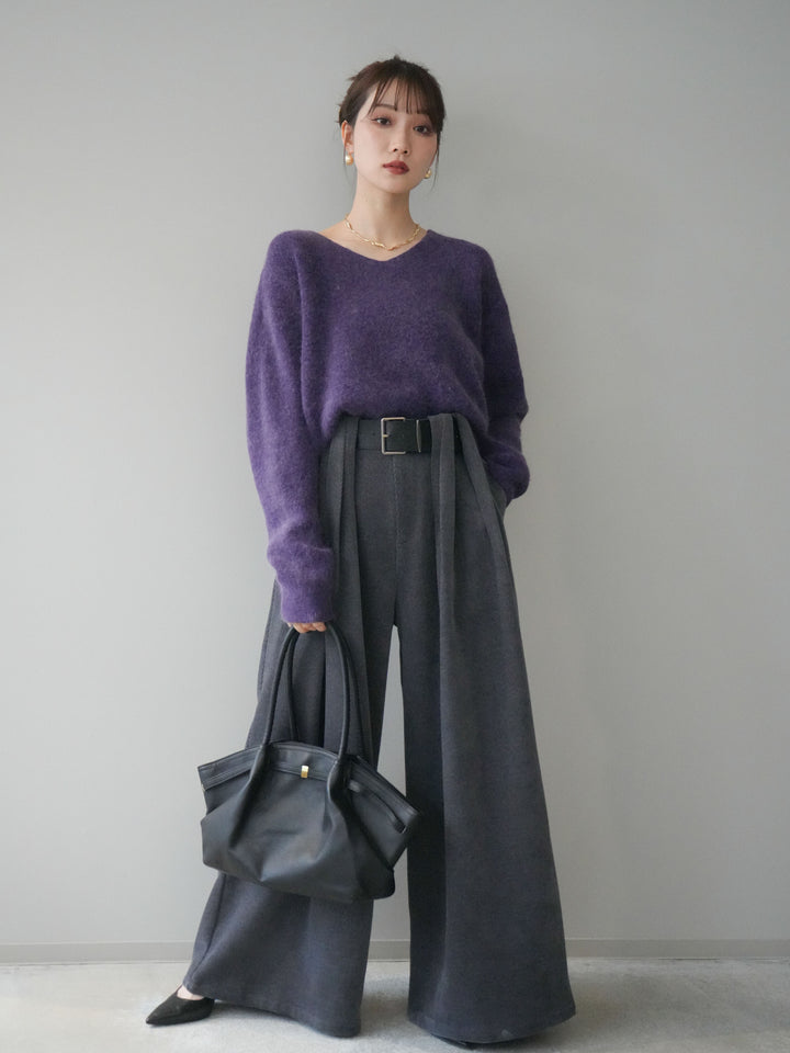 [予約]シュシュ付きアンゴラタッチVネックニットプルオーバー/purple