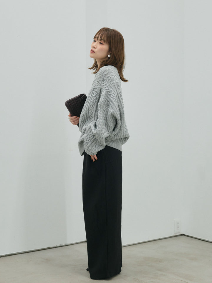【Allure】[SET]ケーブルワンショルニットプルオーバー+ループデザインツイルワイドパンツ(2set)