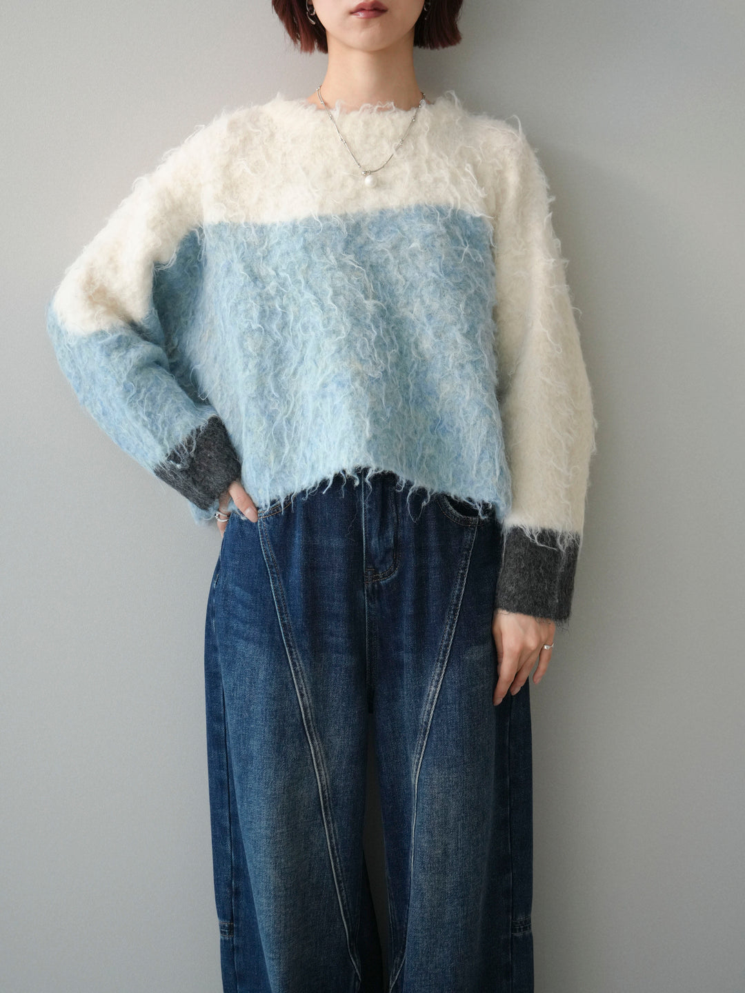 [SET]バイカラーモヘアタッチニットプルオーバー+裏起毛加工デニムカーブパンツ(2set)