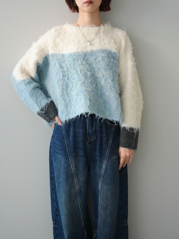 [SET]バイカラーモヘアタッチニットプルオーバー+裏起毛加工デニムカーブパンツ(2set)